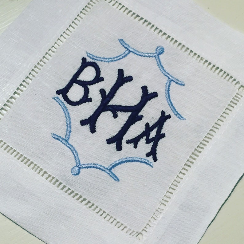 Monogrammed Pagoda Cocktail Napkins chinoiserie linen coasters wedding hostess gift asian inspired hemstitch coasters