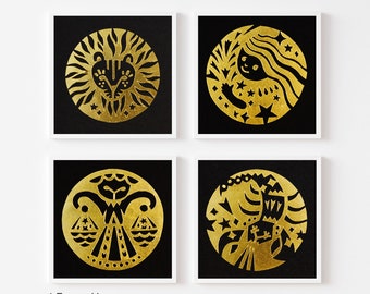 Zodiac Sign - 12 Star sign - paper cut art - Gold - handmade by artist - 【Made to order】 - 4x4" framed