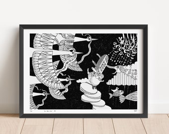 Giclée Art Print 'On the way #02' - Wonderland - Crane Bird - Explorer - Limited edition【Print to order】- Comic Style Drawing - Black