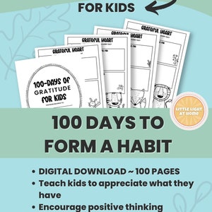 Kinder Dankbarkeit druckbare 100 Tage, um eine Gewohnheit zu formen, eine tägliche positive Journal-Gewohnheit zu lehren, sofortiger PDF-Download, druckbare Größe
