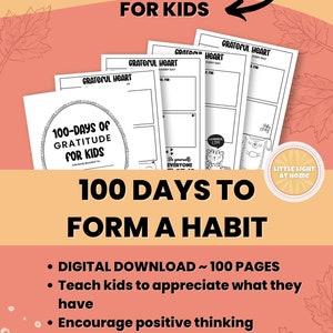 Kinder Dankbarkeit druckbare 100 Tage, um eine Gewohnheit zu formen, eine tägliche positive Journal-Gewohnheit zu lehren, sofortiger PDF-Download, druckbare Größe