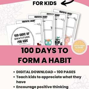 Kinder Dankbarkeit druckbare 100 Tage, um eine Gewohnheit zu formen, eine tägliche positive Journal-Gewohnheit zu lehren, sofortiger PDF-Download, druckbare Größe