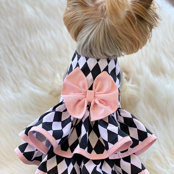 Black and Pink Harlequin  Dog Dress, Customizable to your pets measurements!! Size XXS XS and Small