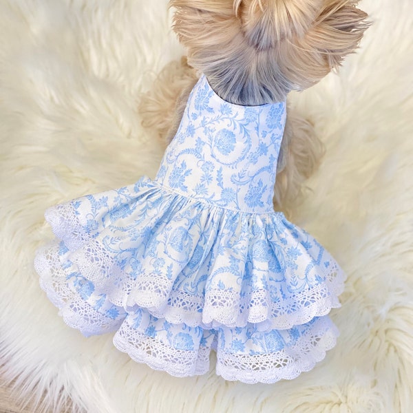 Baby blue  Floral  Dog Dress, Customizable to your pets measurements!! Size XXS XS and Small