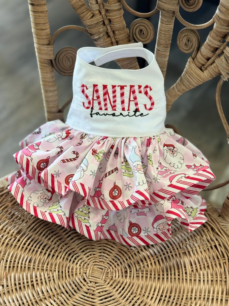 May include: A white bib with the text "SANTA'S favorite" in red embroidery. The bib is attached to a pink and white Christmas-themed dress with red striped trim and a tiered skirt. The dress features Santa Claus and candy cane patterns.