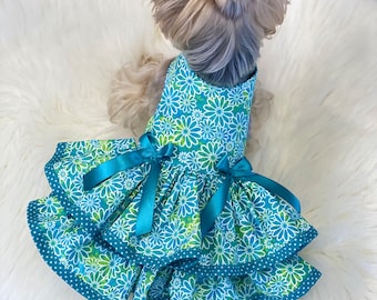 Oopsie Daisy Teal Daisy  Dog Dress, Customizable to your pets measurements!! Size XXS XS and Small