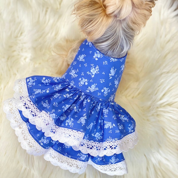 Floral Denim Dog Dress, Customizable Lace Trim