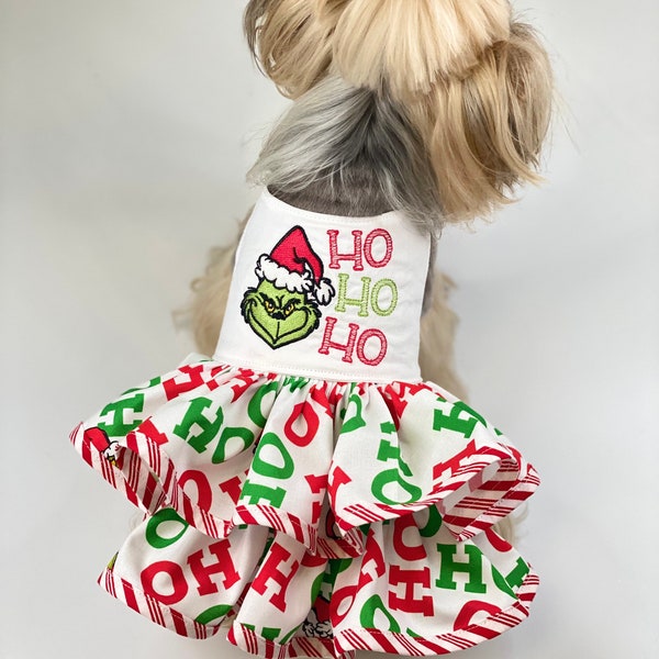 The Grinch Ho Ho Ho Dog Dress, Customizable to your pets measurements!! Size XXS XS and Small