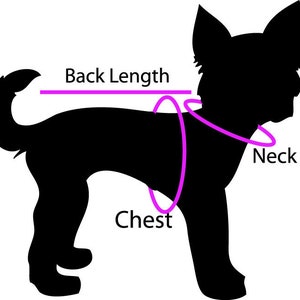 May include: Black silhouette of a dog with pink lines indicating measurement points for pet clothing. Text labels include "Back Length," "Neck," and "Chest," providing guidance for accurate sizing when purchasing dog apparel.