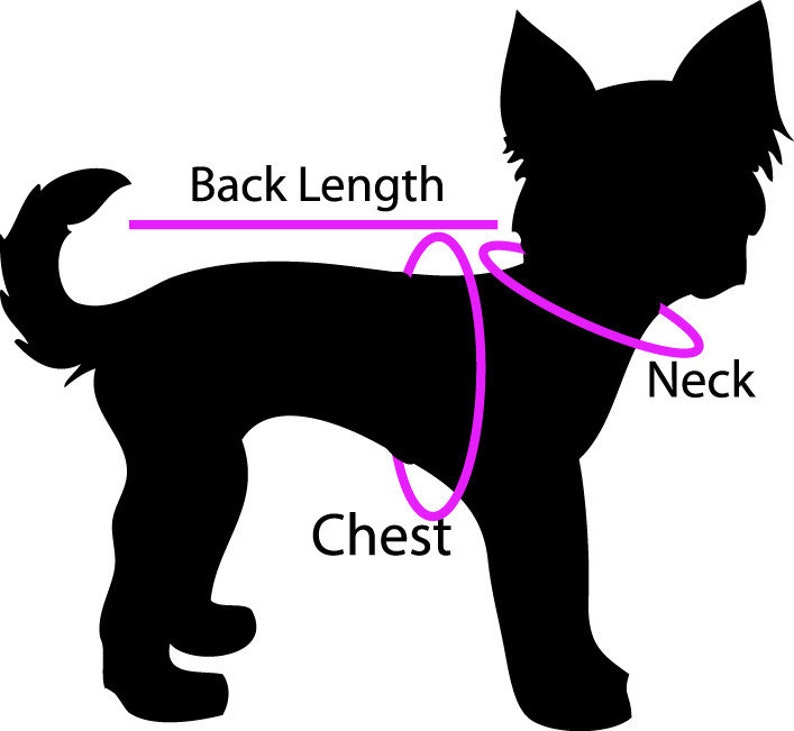May include: Black silhouette of a dog with pink lines indicating measurement points for pet clothing. Text labels include "Back Length," "Neck," and "Chest," providing guidance for accurate sizing when purchasing dog apparel.