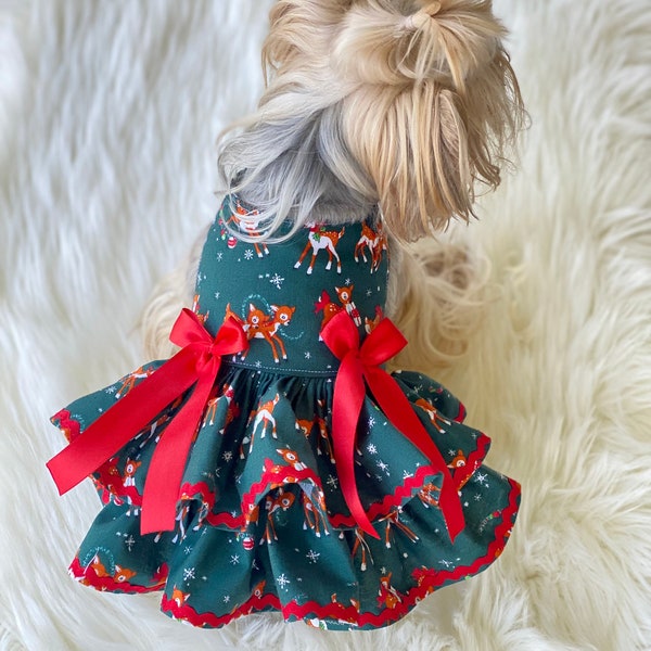 Vintage Reindeer Christmas Dog Dress, Customizable to your pets measurements!! Size XXS XS and Small