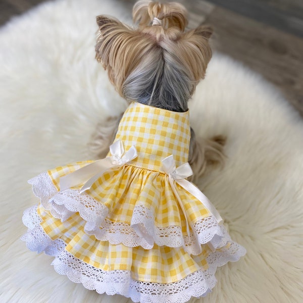 Yellow Gingham Checkers   Dog Dress, Customizable to your pets measurements!! Size XXS XS and Small