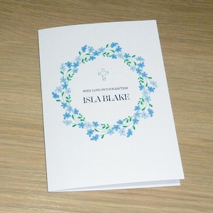 Personalised Christening Baptism First Communion Confirmation Day Card - beautiful blue floral frame - boy or girl - handmade greeting card