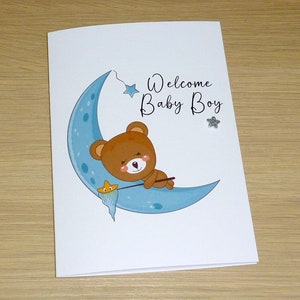 Baby boy card - congratulations card - blue - teddy bear on moon catching stars - gorgeous!  new baby congrats card - handmade greeting card