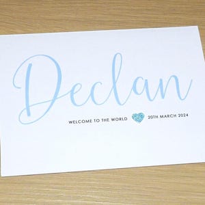 Baby boy card - congratulations card - blue name with sparkly heart - gorgeous! - personalised name and date  - handmade greeting card