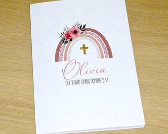 Personalised Christening Baptism First Communion Confirmation Day Card - beautiful floral rainbow - boy or girl - handmade greeting card