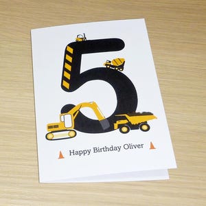Boys or girls birthday card -personalised name and age-ANY age- construction trucks digger cement - 2nd 3rd 4th 5th 6th 7th 8th 9th birthday