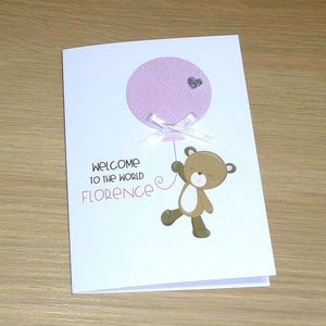 Baby Girl card - congratulations card - pink teddy bear with balloon - gorgeous - new baby congrats card - handmade greeting card