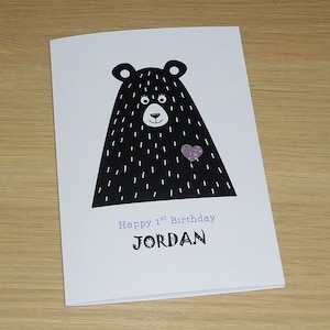 1st Birthday Card - ONE - first - scandi bear - boys girls kids - 4 colours - cute custom made personalised handmade greeting card