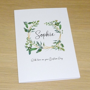 Personalised Christening Baptism First Communion Confirmation Day Card - beautiful eucalyptus leaves - boy or girl - handmade greeting card