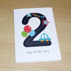 Boys or girls birthday card - personalised with name and age - ANY age - cute cars and balloons - 2nd 3rd 4th 5th 6th 7th 8th 9th birthday