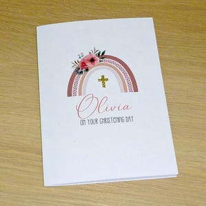 Personalised Christening Baptism First Communion Confirmation Day Card - beautiful floral rainbow - boy or girl - handmade greeting card