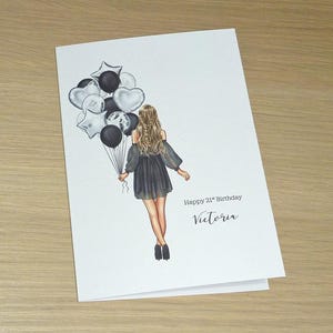 Personalised birthday card - girl with balloons - 5 colours - ANY AGE - boho -13th 16th 18th 21st 30th 40th 50th- handmade greeting card