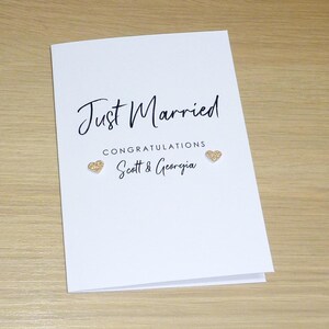 Personalised Wedding Day Congratulations card - black with gold hearts - Just Married - handmade greeting card