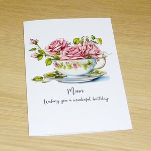 Personalised birthday card - light pink roses in vintage tea cup mum grandma Nan Nona 60th 70th 80th 90th 100th - handmade card