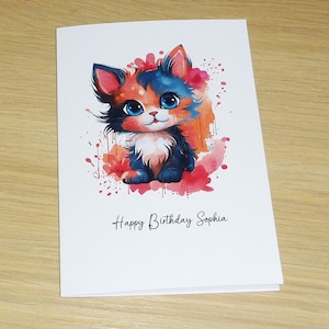 Girls birthday card - cute cat kitten- pink - personalised -  girls birthday 2nd 3rd 4th 5th 6th 7th 8th 9th 10th- handmade greeting card