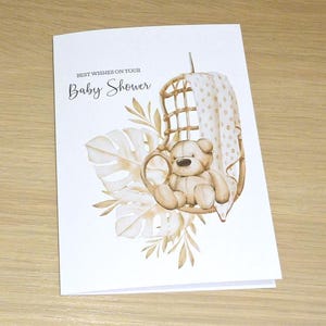 Baby shower card - baby boy baby girl - boho teddy bear in swing - neutral gender - baby shower - pampass monstera - handmade baby card