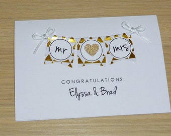 Personalised Wedding congratulations card - Mr & Mrs OR Mr Mr or Mrs Mrs - gold and white - modern handmade wedding card