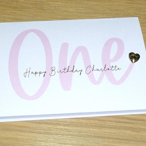 1st Birthday Card - Girls Boys first birthday card - ONE - first - with silver heart - custom made personalised handmade greeting card