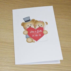 Personalised Wedding Day card - bride and groom bears with heart - names and date - so cute - handmade greeting card