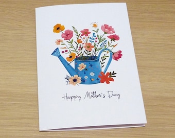 Mother's day card - happy birthday card - flowers in watering can - cute modern print - mum grandma teen girls - handmade card