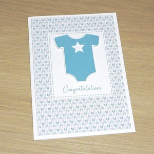 Baby Boy card - baby shower congratulations card - SO CUTE - baby jumpsuit - baby blue - handmade greeting card - new baby card