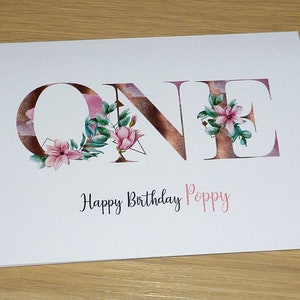 Girls 1st Birthday Card - ONE - first - magnolia font - custom made personalised handmade greeting card