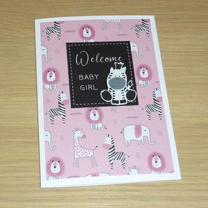 Baby Girl card - pink baby safari animals - giraffe elephant lion zebra- cute - congratulations card - handmade greeting card