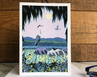 Herons at dawn A6 greetings card