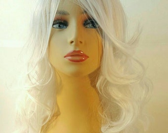 Platinum Wig, Long Blonde Wig,  Past the Shoulder Wavy White Platinum Wig with Side Part and Long Textured Layers