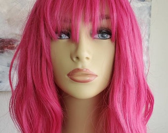Hot Pink Wavy Wig with Bangs, Mid Length Textured Wig