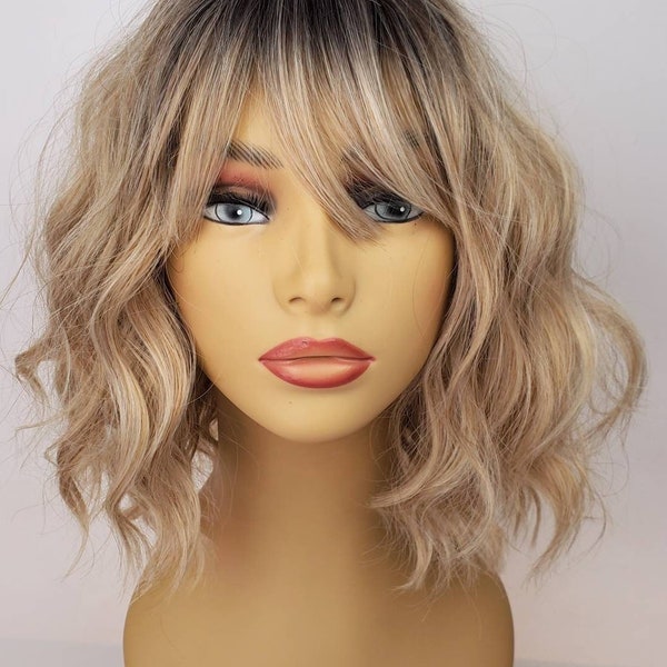 Wavy Rooted Blonde Bob Wig, Highlighted Blonde Wavy Wig, Blonde Bob Wig, Wavy Blonde Wig, Blonde Bob with Bangs, Bob, Wig, Wigs