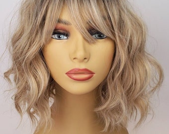 Wavy Rooted Blonde Bob Wig, Highlighted Blonde Wavy Wig, Blonde Bob Wig, Wavy Blonde Wig, Blonde Bob with Bangs, Bob, Wig, Wigs