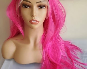 Long Hot Pink Layered Wig, Center Part Lace Front