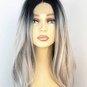 Grey Lace Front Wig, Grey Two Tone Lace Front Wig, Mid Length Dark Roots Wig, Lace Front Wig, Long Textured Layers, Lace Front Wig, Wigs