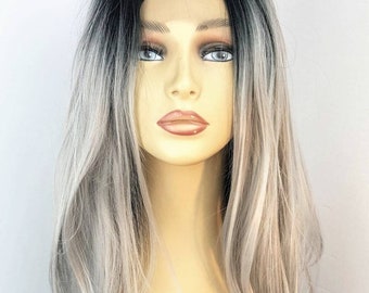 Grey Lace Front Wig, Grey Two Tone Lace Front Wig, Mid Length Dark Roots Wig, Lace Front Wig, Long Textured Layers, Lace Front Wig, Wigs