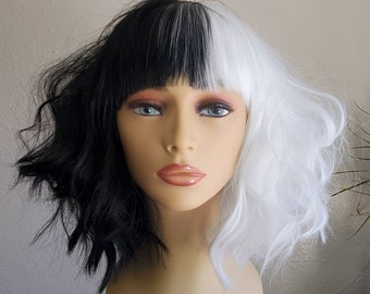 Cruella Deville, Black and White Wavy Two Tone Wig, Black and White Halloween Wig, Bangs, Wigs, Wig