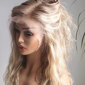 Balayage Askblond Äkta Hår Peruk, 13x4 Lace Frontal, Lösa Vågor bild 3