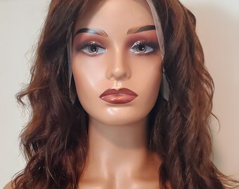 Human Hair Wig, Wavy Brown Human Hair Wig, Long Wavy Brunette Human Hair Wig, Brown, Human Hair,  Multiple Part, Wigs