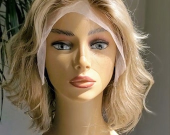 Askblond Balayage Bob-peruk med äkta hår, lösa vågor, 13x4 Lace Frontal